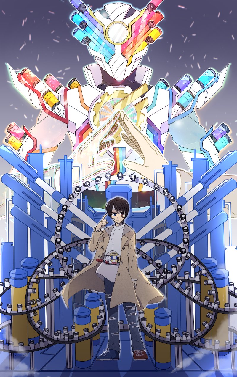 asymmetrical_footwear, bandages, blue_eyes, brown_hair, bruise, genius_form, henshin, heterochromia, highres, industrial_pipe, injury, kamen_rider, kamen_rider_build, kamen_rider_build_(genius_form), kamen_rider_build_(series), kiryuu_sento, machinery, male_focus, mismatched_footwear, red_eyes, rider_belt, steam, yoshino_(gunform)