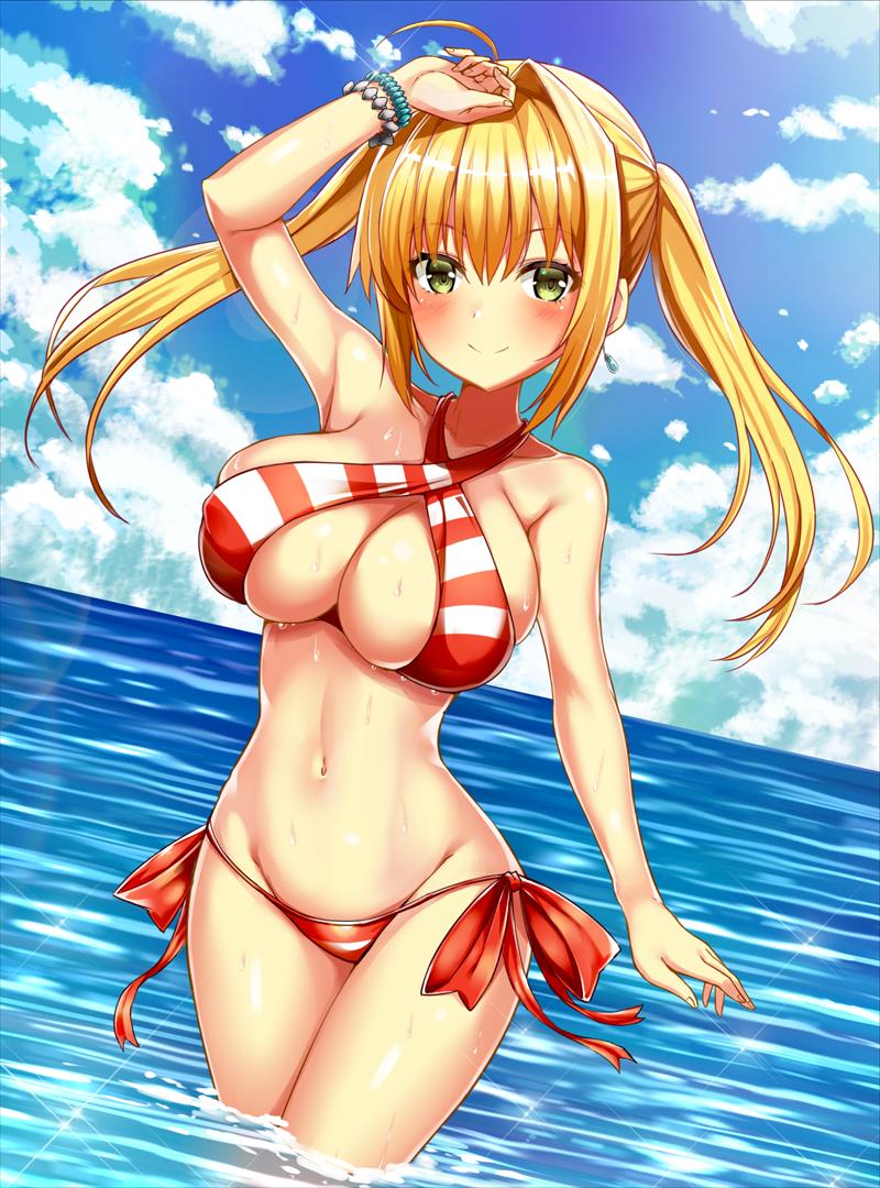 1girl, ahoge, arm_up, bead_bracelet, beads, bikini, blonde_hair, blue_sky, blush, bracelet, breasts, closed_mouth, cloud, criss-cross_halter, day, earrings, fate/grand_order, fate_(series), female_focus, green_eyes, hair_intakes, halterneck, jewelry, large_breasts, long_hair, looking_at_viewer, navel, nero_claudius_(fate), nero_claudius_(swimsuit_caster)_(fate), ocean, outdoors, partially_submerged, red_bikini, shimo_(shimo_00), side-tie_bikini_bottom, sky, smile, solo, swimsuit, twintails, wading, wet
