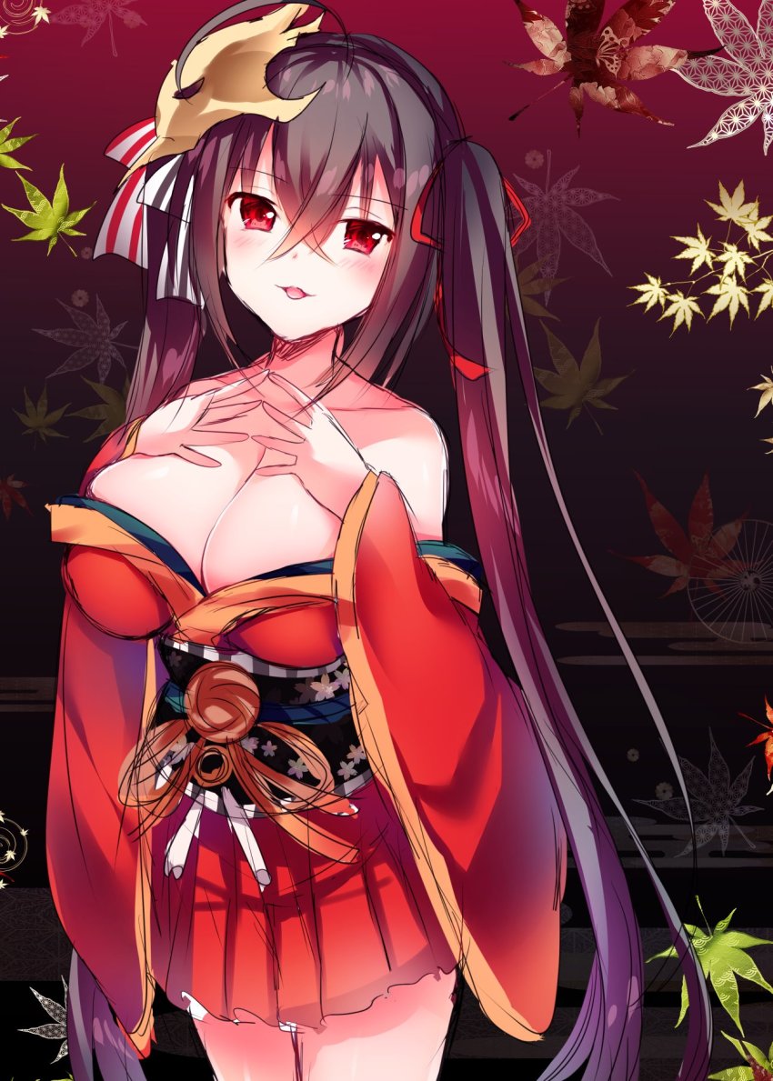 1girl, :d, ahoge, autumn_leaves, azur_lane, bare_shoulders, black_hair, blush