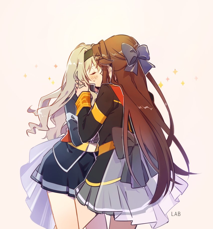 10s, 2girls, absurdres, blonde_hair, bow, brown_hair, closed_eyes, hairband, highres, kiss, labjusticaholic, long_hair, multiple_girls, saijo_claudine, shoujo_kageki_revue_starlight, tendo_maya, uniform, yuri