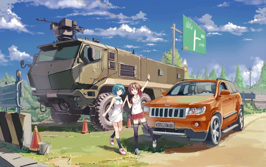 2girls, absurdres, black_socks, black_thighhighs, blue_hair, blue_sky, blush, breasts, brown_hair, bucket, car, chinese_commentary, closed_mouth, cloud, commentary, day, green_eyes, guard_rail, hair_ornament, hairclip, highres, jeep_(company), jeep_grand_cherokee, kamaz, kamaz_typhoon-k, kneehighs, license_plate, looking_at_viewer, medium_breasts, military_jeep, military_truck, military_vehicle, motor_vehicle, multiple_girls, open_mouth, original, outdoors, photoshop_(medium), power_lines, red_eyes, red_skirt, road, road_sign, scenery, shoes, short_hair, sign, skirt, sky, smile, sneakers, socks, sports_utility_vehicle, thighhighs, traffic_cone, tree, truck, vehicle_focus, zhongye_yu