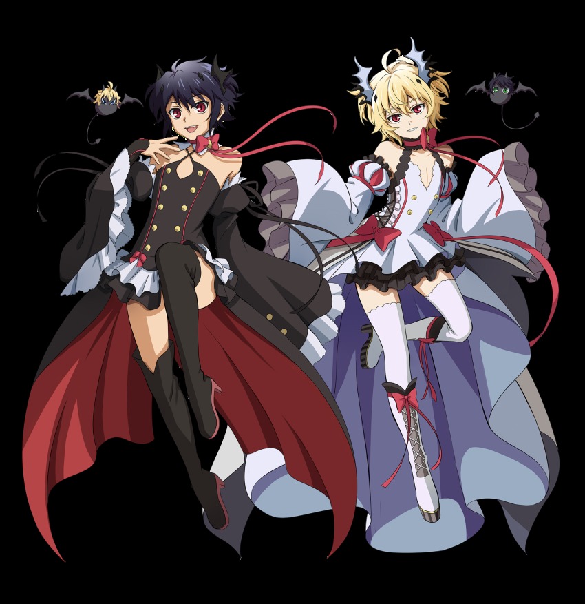 2boys, :d, ahoge, black_dress, black_footwear, black_hair, black_skirt, blonde_hair