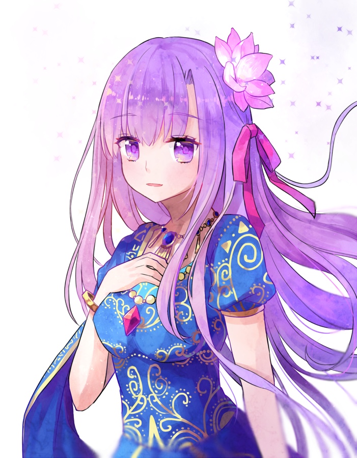 1girl, asian_indian_clothes, bangle, bracelet, breasts, fate/grand_order, fate_(series), female_focus, flower, gem, gold_trim, hair_flower, hair_ornament, hair_ribbon, jewelry, large_breasts, long_hair, lotus, matou_sakura, open_mouth, parted_bangs, parvati_(fate), parvati_(third_ascension)_(fate), patterned_clothing, purple_eyes, purple_hair, red_ribbon, ribbon, ruria, short_sleeves, simple_background, solo, very_long_hair, white_background