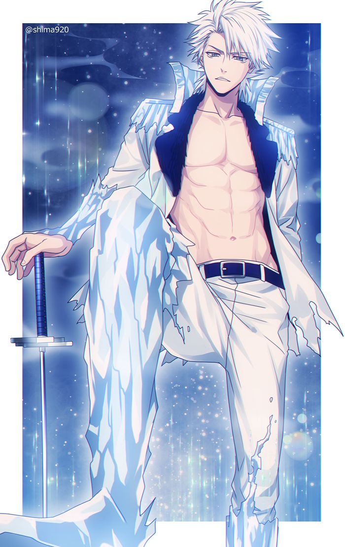 1boy, bleach, blue_background, blue_eyes, hitsugaya_toushirou, hitsugaya_toushirou_(adult), ice, male_focus, mashima_shima, short_hair, solo, standing, sword, torn_clothes, weapon