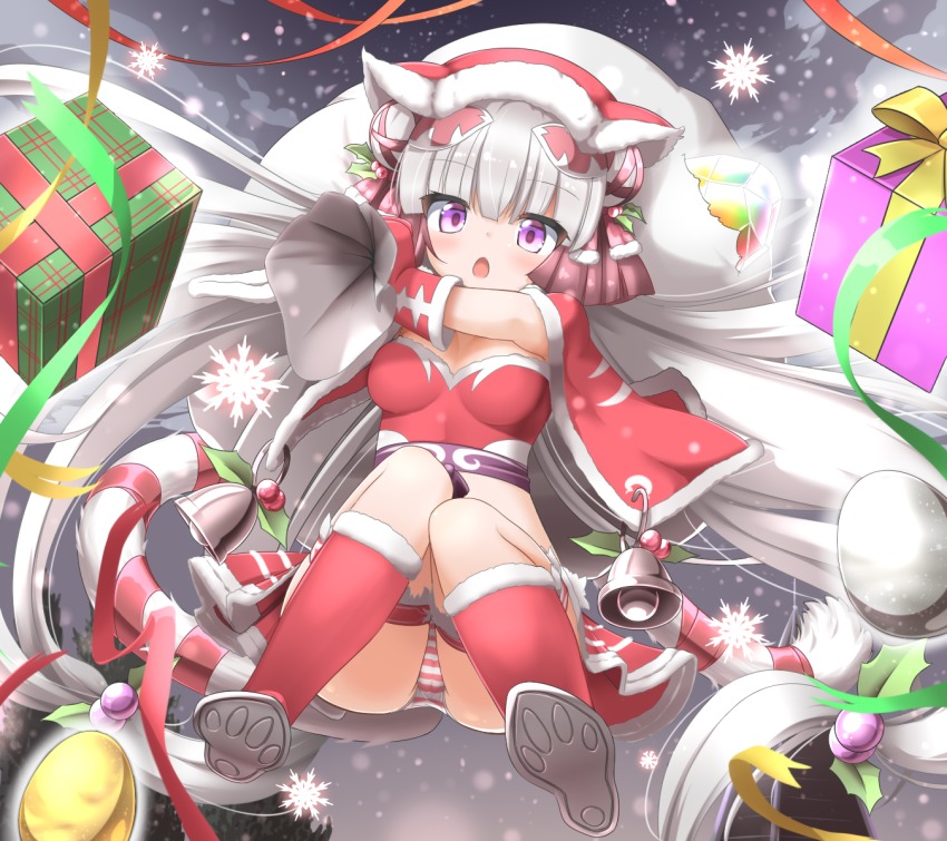 1girl, animal_hat, bell, blunt_bangs, blush, boots, box, breasts