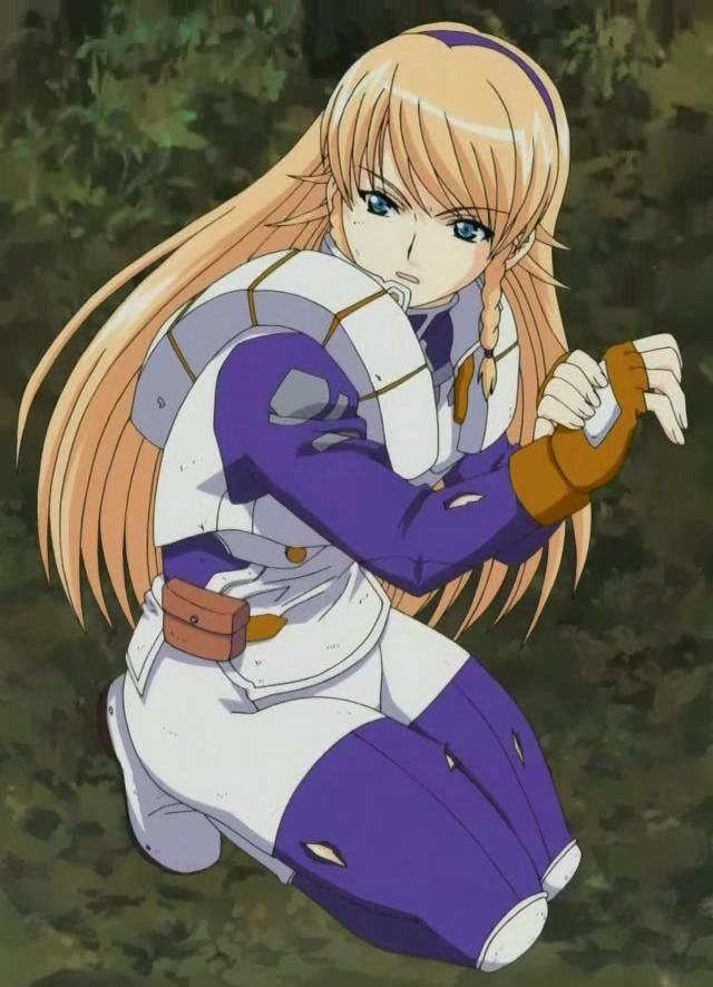 1girl, anime_screenshot, armor, blonde_hair, blue_eyes, boots, braid, dai_(series), daiakuji, female_focus, fingerless_gloves, full_body, gloves, hairband, kneeling, long_hair, nature, outdoors, priscilla_wadul, skin_tight, solo, stitched, third-party_edit, torn_clothes, twin_braids