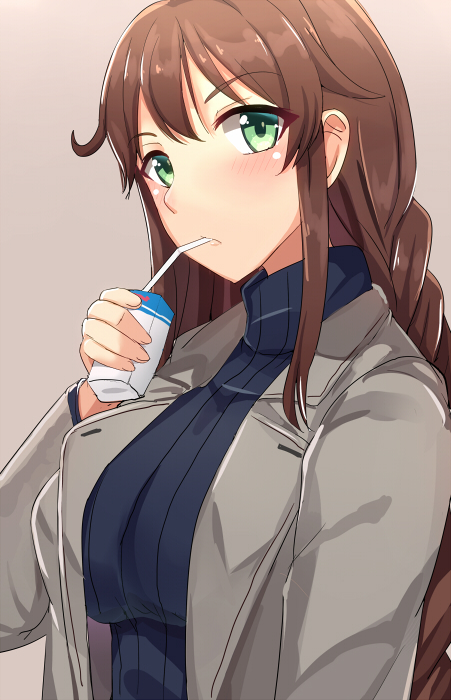 1girl, alternate_costume, blue_eyes, blue_sweater, blush, braid, breasts, brown_hair