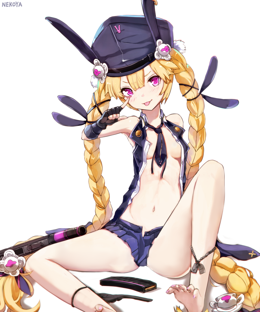 1girl, :p, animal_ears, animal_hat, bad_id, bad_pixiv_id, bare_legs, barefoot, black_hat, black_jacket, black_necktie, black_ribbon, blonde_hair, blue_skirt, blush, braid, breasts, closed_mouth, commentary, dog_tags, ear_piercing, female_focus, fingerless_gloves, girls'_frontline, gloves, hair_between_eyes, hair_ornament, hair_ribbon, hat, head_tilt, jacket, long_hair, looking_at_viewer, magazine_(object), magazine_(weapon), nail_polish, name_connection, navel, necktie, nekoya_(liu), object_namesake, open_clothes, open_jacket, open_shirt, peaked_cap, piercing, pink_nails, pleated_skirt, purple_eyes, rabbit_ears, rabbit_hat, ribbon, shirt, signature, simple_background, sitting, skirt, sleeveless, sleeveless_jacket, sleeveless_shirt, small_breasts, smile, soles, solo, sr-3mp, sr-3mp_(girls'_frontline), toeless_legwear, toenails, tongue, tongue_out, twin_braids, very_long_hair, white_background, white_shirt