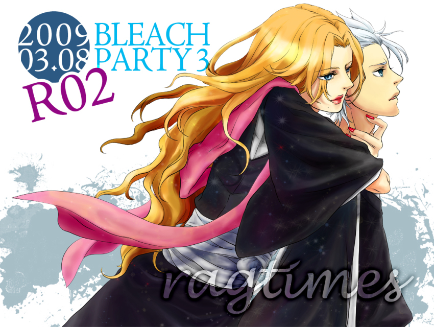 00s, 1boy, 1girl, age_difference, bad_id, bad_pixiv_id, bleach, blonde_hair, blue_eyes, clinging, haori, hitsugaya_toushirou, hug, hug_from_behind, japanese_clothes, lipstick, long_hair, makeup, matsumoto_rangiku, mole, mole_under_mouth, nail_polish, orange_hair, red_nails, scarf, ta_ko, taichou_haori, white_hair