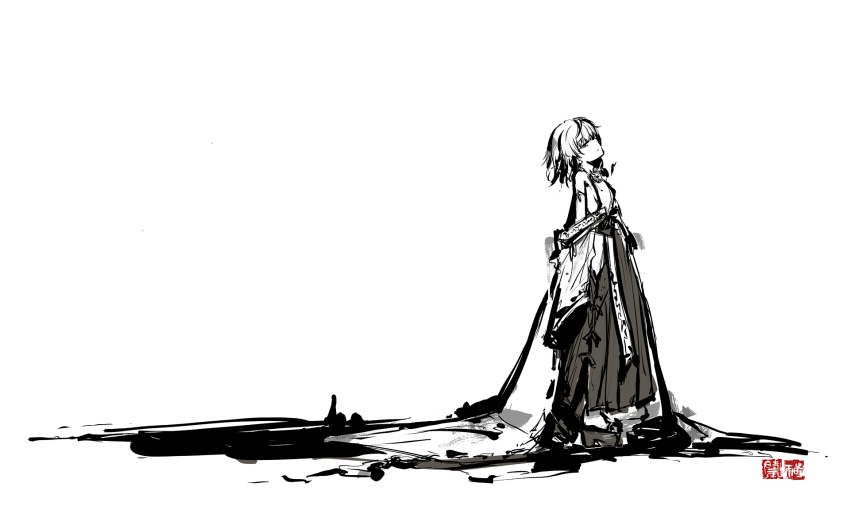 1girl, artist_name, breasts, commentary, copyright_name, detached_sleeves, empty_eyes, eyes_visible_through_hair