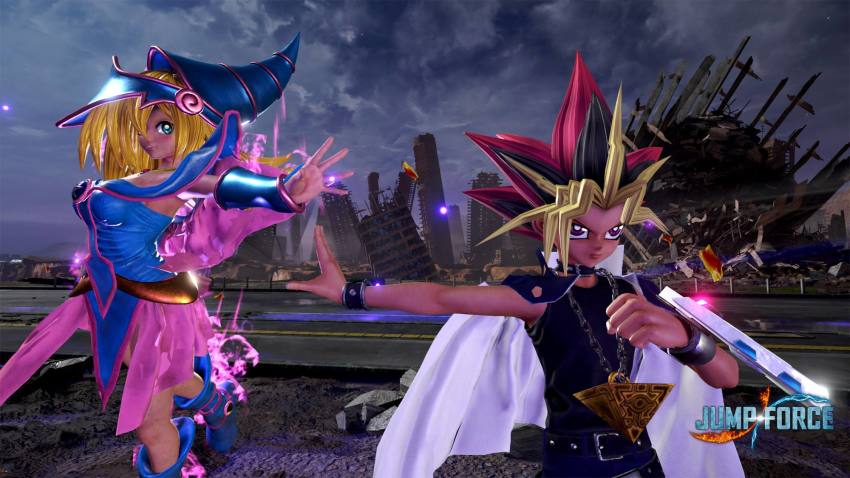 1boy, 1girl, 3d, blonde_hair, boots, breasts, card, choker, cleavage, coat, dark_magician_girl, dragon, duel_disk, hat, highres, jump_force, large_breasts, leotard, miniskirt, mutou_yugi, pants, screencap, skirt, smile, staff, tagme, witch_hat, yami_yugi, yu-gi-oh!