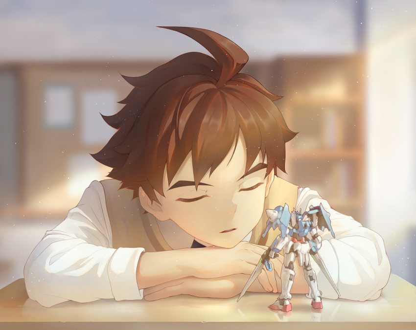 10s, 1boy, ahoge, beitemian, blurry, brown_hair, depth_of_field, desk, closed_eyes, gundam, gundam_00_diver, gundam_build_divers, gunpla, long_sleeves, male_focus, mikami_riku, necktie, parted_lips, school_desk, school_uniform, short_hair, sleeping, solo, vest
