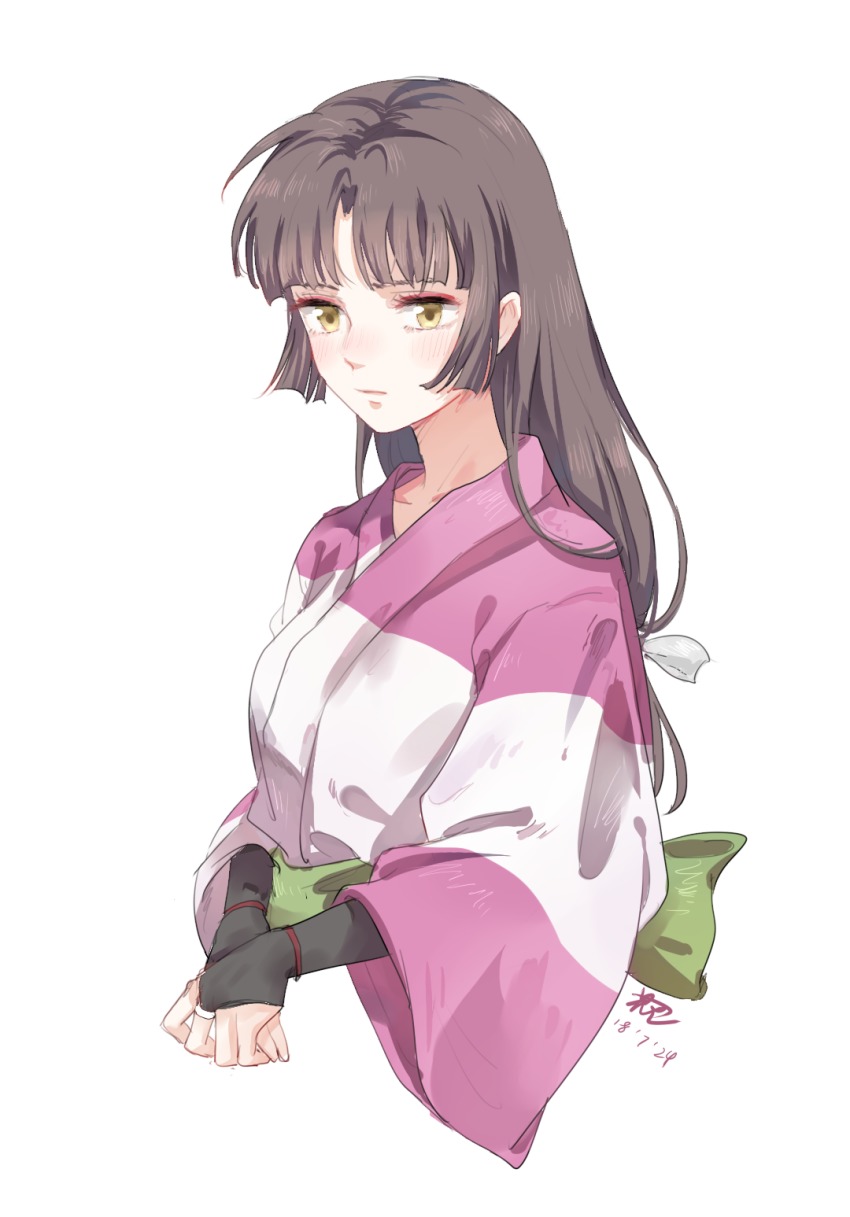 1girl, artist_name, black_gloves, blush, breasts, brown_eyes, brown_hair, closed_mouth, collarbone, commentary, commentary_request, cropped_torso, dated, eyeliner, female_focus, fingerless_gloves, gloves, highres, inuyasha, japanese_clothes, kimono, long_hair, low-tied_long_hair, makeup, own_hands_together, parted_bangs, pixiv13573939, sango_(inuyasha), simple_background, solo, untranslatable_commentary, upper_body, white_background, wide_sleeves