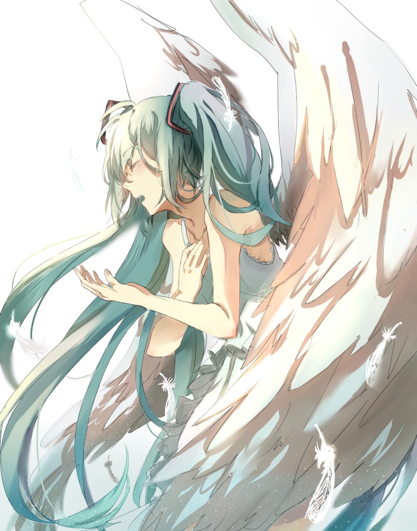 1girl, ahoge, angel, aqua_hair, bare_arms, bare_shoulders, closed_eyes, collarbone, commentary_request, dress, feathered_wings, feathers, female_focus, hand_up, hatsune_miku, highres, long_hair, music, open_mouth, pixiv13573939, simple_background, singing, sleeveless, sleeveless_dress, solo, sundress, teeth, twintails, upper_teeth_only, very_long_hair, vocaloid, white_background, white_dress, wings