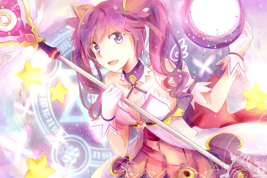 1girl, aisha_landar, arm_up, back_bow, bare_shoulders, bow, breasts, cleavage, collarbone, commentary_request, crescent, criss-cross_halter, curly_hair, detached_collar, dimension_witch_(elsword), elsword, female_focus, gloves, hair_ornament, hairclip, halterneck, heart, holding, holding_staff, long_hair, looking_at_viewer, magic, magic_circle, magical_girl, open_mouth, pixiv13573939, purple_eyes, purple_hair, purple_skirt, red_bow, skirt, smile, solo, staff, star_(symbol), twintails, white_gloves