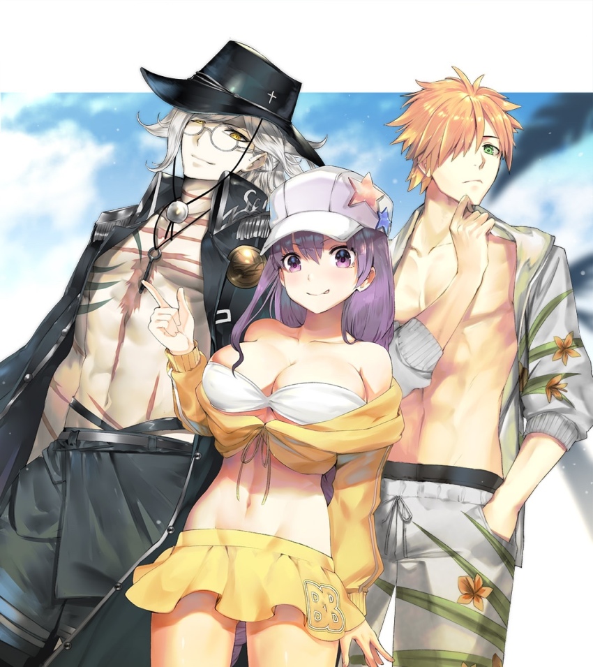 10s, 1girl, 2boys, bb_(fate), bb_(swimsuit_mooncancer)_(first_ascension)_(fate), bikini, bikini_top_only, breasts