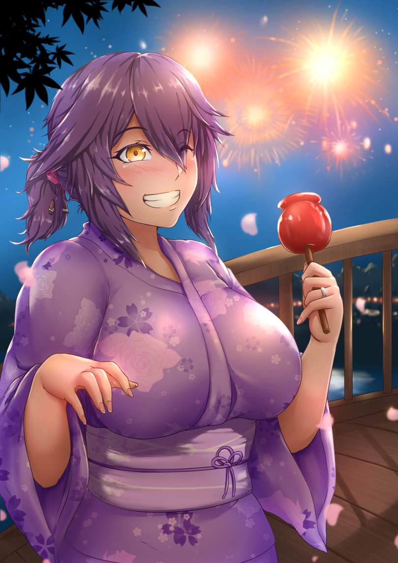1girl, blush, breasts, candy_apple, chanary, eyes_visible_through_hair, female_focus, fireworks