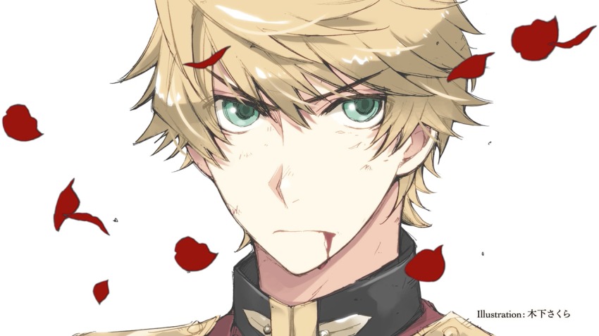 1boy, aqua_eyes, blonde_hair, blood, blood_from_mouth, blood_on_face, brown_bess_(senjuushi), end_card