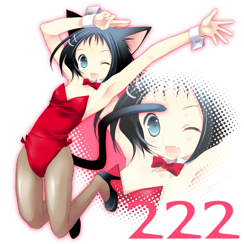 00s, 1girl, alternate_costume, animal_ears, armpits, bad_id, bad_pixiv_id, cat_ears, eiken_(studio), fang, female_focus, fishnet_pantyhose, fishnets, ikeda_kana, kittysuit, nontraditional_playboy_bunny, one_eye_closed, pantyhose, saki-saki, saki_(manga), sazae-san, solo, tokumi_yuiko, wink