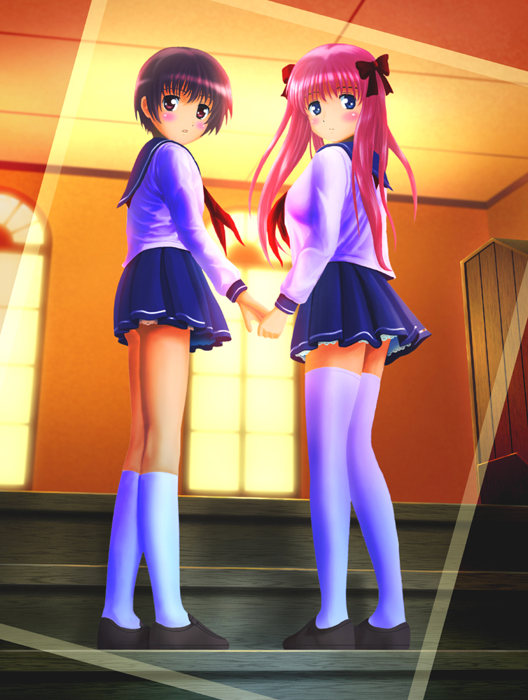 00s, 2girls, blue_eyes, blush, bow, hair_bow, haramura_nodoka, long_hair