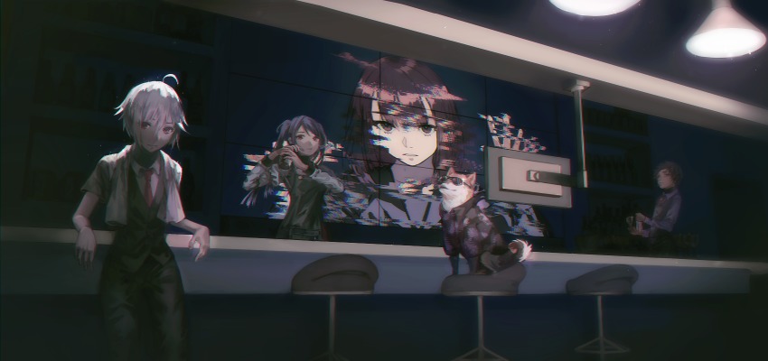 1boy, 3girls, ahoge, anna_graem, bad_id, bad_pixiv_id, bar_(place), bar_stool, bartender, black_hair, black_pants, brown_eyes, brown_hair, closed_mouth, cocktail_shaker, dana_zane, distortion, dog, gillian_(va-11_hall-a), glass, hair_between_eyes, haiyan, highres, holding, indoors, jill_stingray, looking_at_viewer, monitor, multiple_girls, pants, parted_lips, purple_hair, rad_shiba, red_eyes, red_neckwear, shake, shiba_inu, short_hair, short_sleeves, sitting, sparkle, standing, stool, sunglasses, twintails, va-11_hall-a, vest, white_hair
