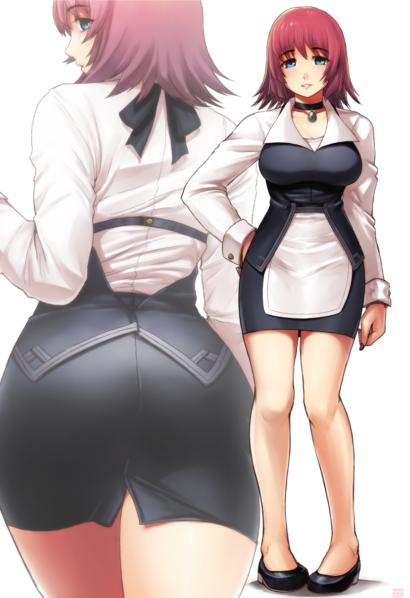 1girl, apron, arm_at_side, ass, bartender, black_apron, black_footwear, blue_eyes, breasts, choker, collarbone, curvy, finalcake, fingernails, hand_on_own_hip, head_tilt, high_heels, highres, hip_focus, large_breasts, legs, long_sleeves, looking_at_viewer, looking_back, multiple_views, n1rv_ann-a, parted_lips, pencil_skirt, profile, red_hair, sam_(n1rv_ann-a), shirt, short_hair, skirt, standing, thighs, white_background, white_shirt, wide_hips