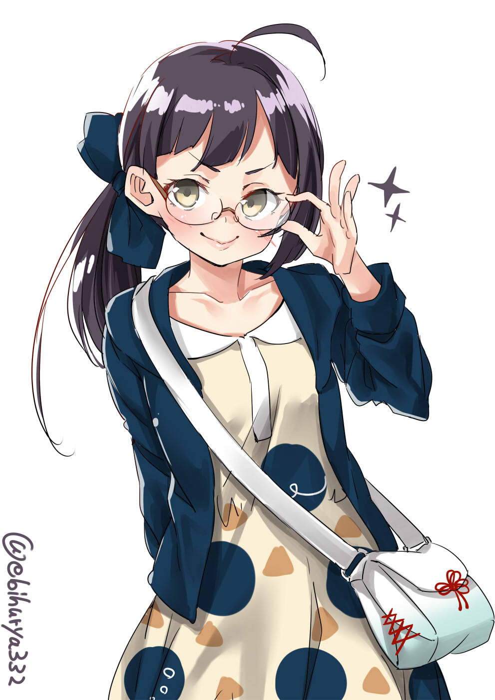 1girl, ahoge, alternate_costume, bag, bespectacled, black_hair, blue_jacket, blunt_bangs
