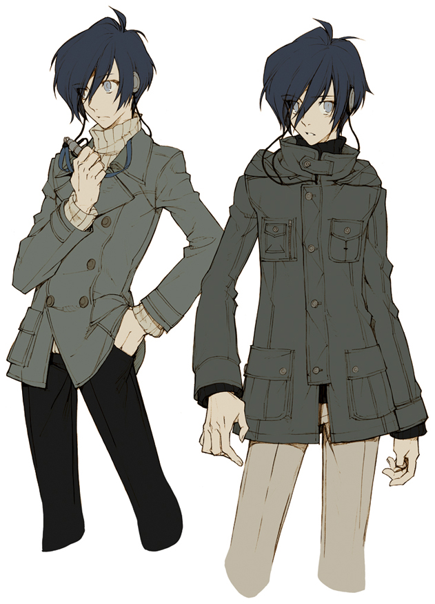 1boy, atlus, blue_eyes, blue_hair, buttons, cardigan, casual, mp3_player, digital_walkman, earphones, grandyoukan, grey_eyes, headphones, jacket, male_focus, matching_hair/eyes, persona, persona_3, short_hair, solo, sweater, turtleneck, walkman_nw-s203f, yuuki_makoto_(persona_3)