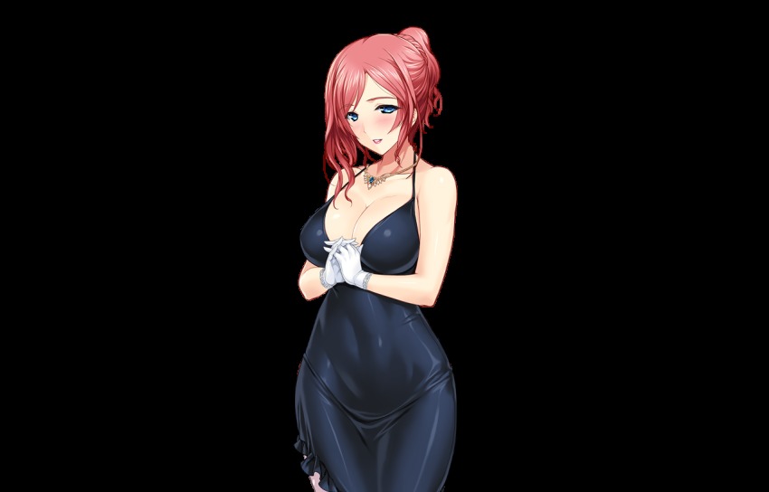 1girl, arima_shiori, bare_shoulders, black_dress, blue_eyes, blush, breasts, cleavage, covered_navel, cowboy_shot, dress, female_focus, game_cg, gloves, hair_up, heartful_maman, jewelry, large_breasts, legs, lips, looking_at_viewer, necklace, onigirikun, own_hands_together, parted_lips, red_hair, red_lips, smile, solo, standing, thighs, transparent_background