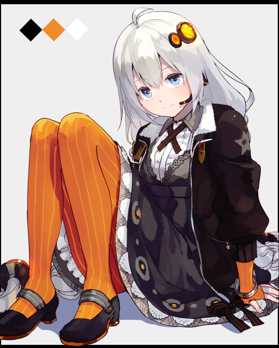 1girl, ahoge, arms_at_sides, black_jacket, black_shoes, blue_eyes, bracelet, center_frills
