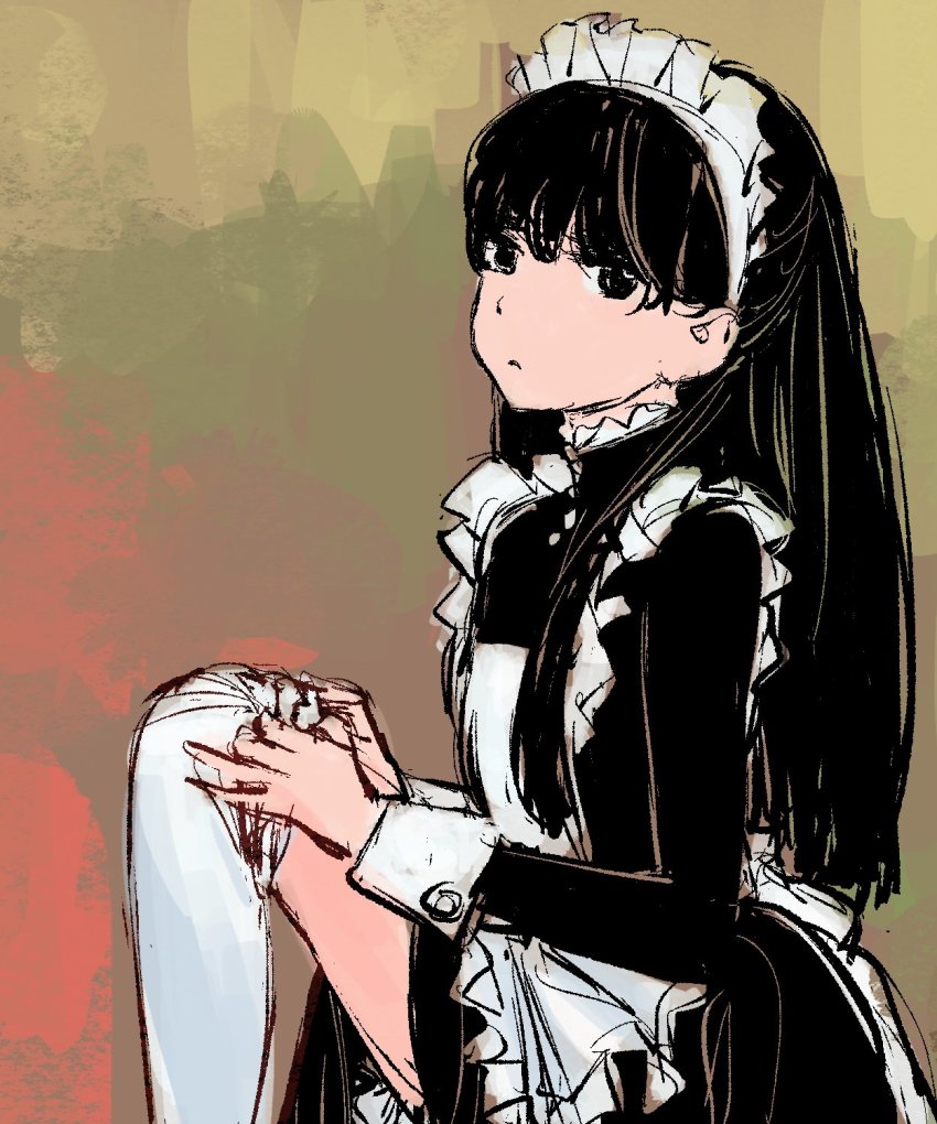 1girl, apron, black_hair, cuffs, dress, dressing, female_focus, frilled_apron