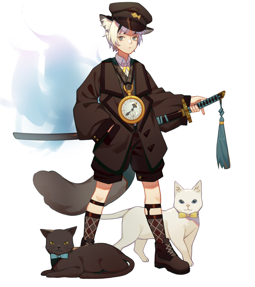 1boy, absurdres, animal_ear_fluff, animal_ears, argyle_clothes, argyle_socks, black_cat, black_hat