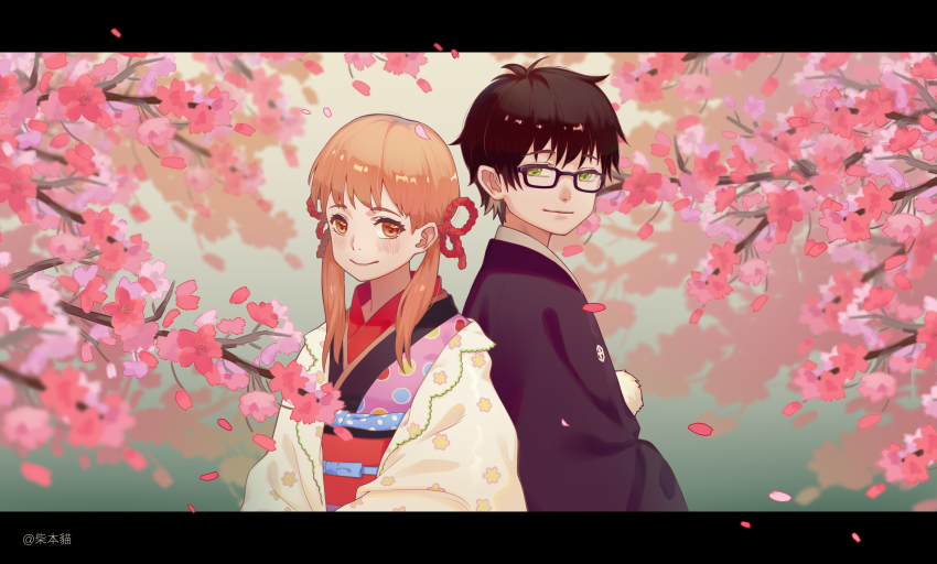 1boy, 1girl, :|, absurdres, black_hair, blush, brown_hair, cherry_blossoms