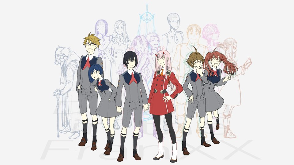 001_(darling_in_the_franxx), 007_(darling_in_the_franxx), 10s, 6+boys, 6+girls, ahoge, black_hair, black_legwear, black_pants, blonde_hair, blue_eyes, blue_hair, blue_hairband, blue_horns, book, boots, breasts, brown_footwear, brown_hair, cane, closed_eyes, coat, commentary, copyright_name, darling_in_the_franxx, dr._franxx, dress, english_commentary, facial_hair, from_behind, futoshi_(darling_in_the_franxx), glasses, gloves, gorou_(darling_in_the_franxx), green_eyes, grey_dress, grey_shirt, grey_shorts, hachi_(darling_in_the_franxx), hair_ornament, hairband, hairclip, hand_on_own_hip, hands_on_own_hips, high_ponytail, hiro_(darling_in_the_franxx), holding, holding_book, holding_cane, holding_hands, horns, ichigo_(darling_in_the_franxx), ikuno_(darling_in_the_franxx), interlocked_fingers, kokoro_(darling_in_the_franxx), large_breasts, light_blue_hair, light_brown_hair, long_coat, long_hair, long_sleeves, looking_at_viewer, medium_breasts, miku_(darling_in_the_franxx), military, military_uniform, mitsuru_(darling_in_the_franxx), multiple_boys, multiple_girls, mustache, nana_(darling_in_the_franxx), necktie, nine_alpha_(darling_in_the_franxx), oni_horns, open_book, orange_neckwear, pants, pantyhose, pink_hair, ponytail, purple_eyes, purple_hair, purple_hairband, red_dress, red_hair, red_horns, red_neckwear, shirt, shoes, short_hair, shorts, small_breasts, socks, thick_eyebrows, trulymoon, twintails, white_coat, white_footwear, white_gloves, white_hair, white_hairband, white_pants, white_shirt, yellow_eyes, zero_two_(darling_in_the_franxx), zorome_(darling_in_the_franxx)