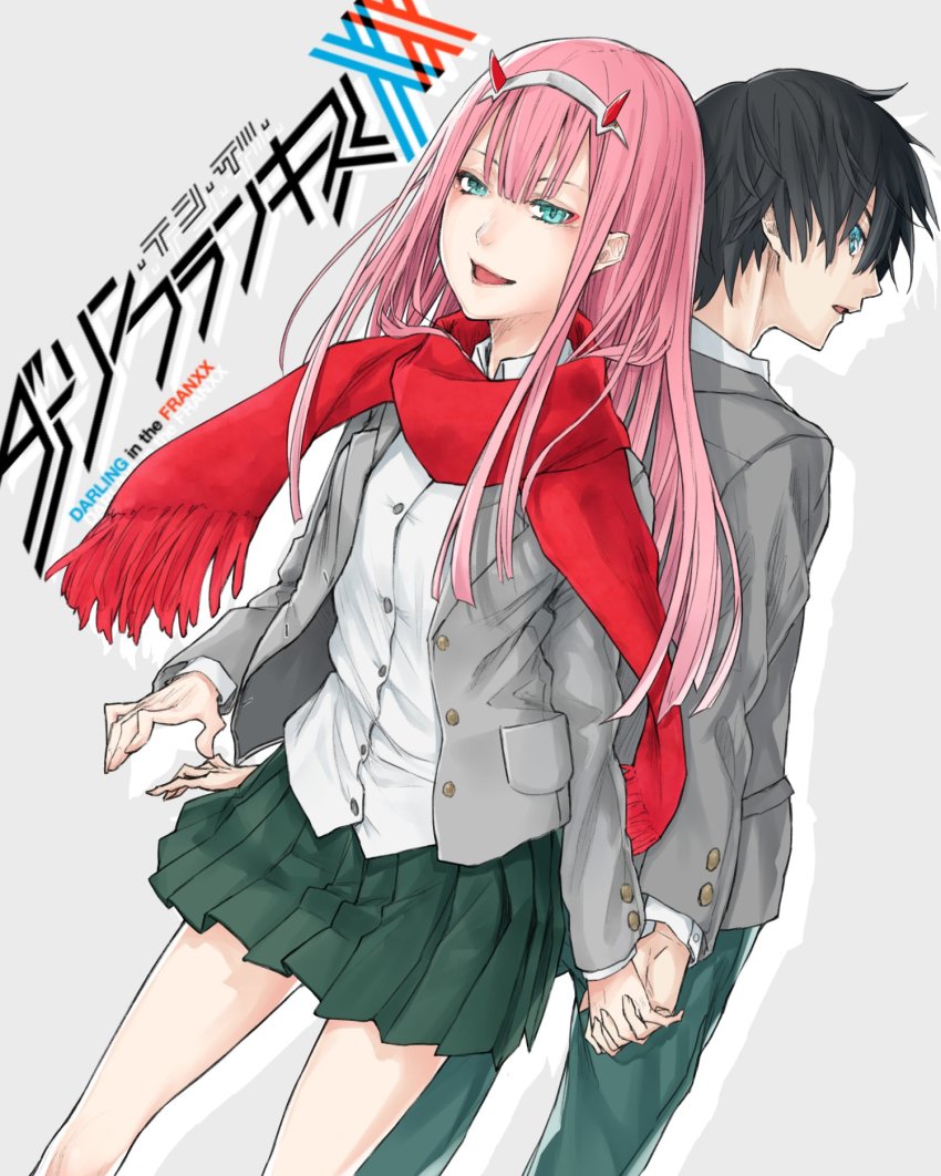 10s, 1boy, 1girl, back-to-back, black_hair, blue_eyes, commentary_request, couple