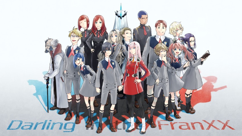001_(darling_in_the_franxx), 007_(darling_in_the_franxx), 10s, 6+boys, 6+girls, ahoge, black_hair, black_pants, black_pantyhose, blonde_hair, blouse, blue_eyes, blue_hair, blue_hairband, blue_horns, book, boots, breasts, brown_footwear, brown_hair, cane, closed_eyes, coat, commentary, copyright_name, darling_in_the_franxx, dr._franxx, dress, english_commentary, everyone, facial_hair, from_behind, futoshi_(darling_in_the_franxx), glasses, gloves, gorou_(darling_in_the_franxx), green_eyes, grey_dress, grey_shirt, grey_shorts, hachi_(darling_in_the_franxx), hair_ornament, hairband, hairclip, hand_on_own_hip, hands_on_own_hips, high_ponytail, highres, hiro_(darling_in_the_franxx), holding, holding_book, holding_cane, holding_hands, horns, ichigo_(darling_in_the_franxx), ikuno_(darling_in_the_franxx), interlocked_fingers, kokoro_(darling_in_the_franxx), large_breasts, legwear_garter, light_blue_hair, light_brown_hair, long_coat, long_hair, long_sleeves, looking_at_viewer, medium_breasts, miku_(darling_in_the_franxx), military, military_uniform, mitsuru_(darling_in_the_franxx), multiple_boys, multiple_girls, mustache, nana_(darling_in_the_franxx), necktie, nine_alpha_(darling_in_the_franxx), oni_horns, open_book, orange_neckwear, pants, pantyhose, pink_hair, ponytail, purple_eyes, purple_hair, purple_hairband, red_dress, red_hair, red_horns, red_neckwear, shirt, shoes, short_hair, shorts, small_breasts, socks, thick_eyebrows, trulymoon, twintails, white_coat, white_footwear, white_gloves, white_hair, white_hairband, white_pants, white_shirt, yellow_eyes, zero_two_(darling_in_the_franxx), zorome_(darling_in_the_franxx)