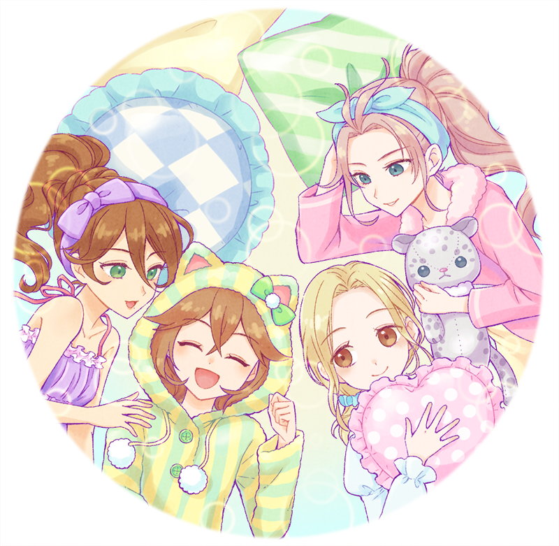 4girls, animal_ears, blonde_hair, braid, brown_hair, cat_ears, green_eyes, h'aanit_(octopath_traveler)