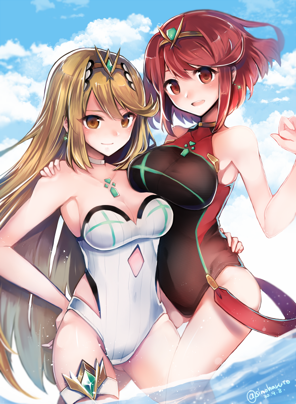 2girls, armor, black_one-piece_swimsuit, blonde_hair, blue_sky, breast_rest, breasts, breasts_on_breasts