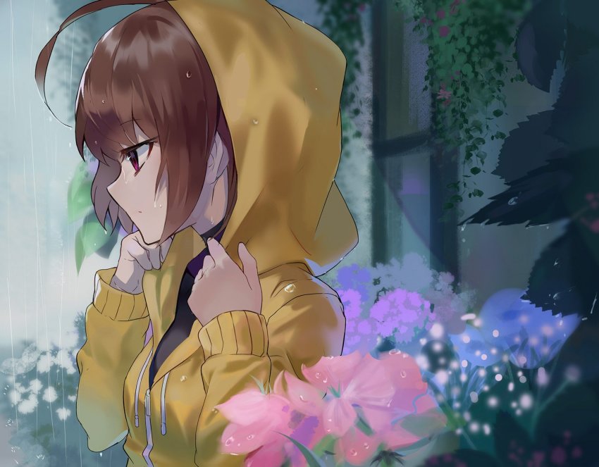 ahoge, black_shirt, brown_hair, flower, hood, hoodie, klllk, linne_(under_night_in-birth)