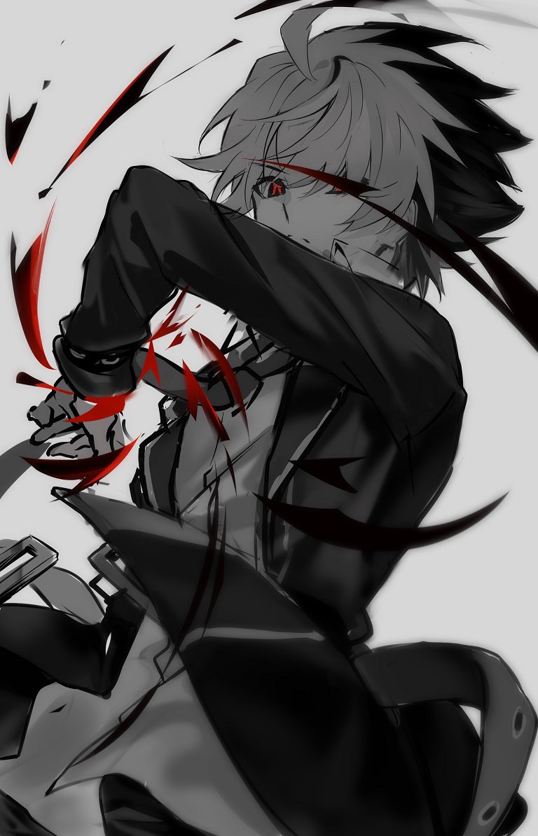 1boy, ahoge, belt, colored_bangs, greyscale, kido_hyde, klllk, male_focus