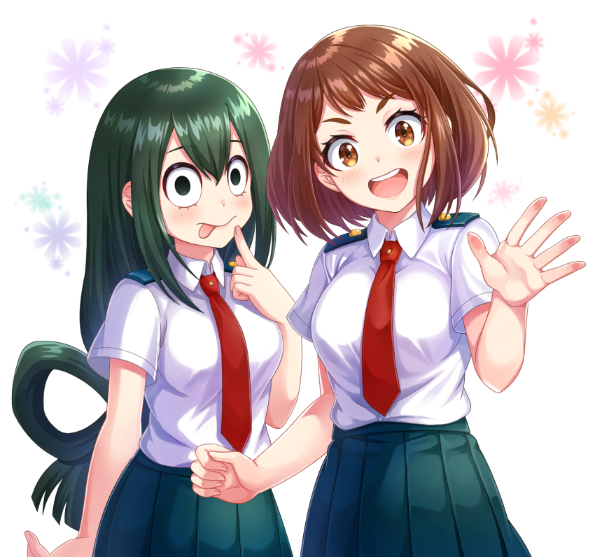 10s, 2girls, :d, :p, asui_tsuyu, bad_id, bad_pixiv_id, blush, boku_no_hero_academia, breasts, brown_eyes, clenched_hand, collared_shirt, finger_to_mouth, floral_print, green_eyes, green_hair, hair_rings, highres, large_breasts, looking_at_viewer, medium_breasts, megiha, multiple_girls, necktie, open_mouth, school_uniform, shirt, short_sleeves, simple_background, skirt, smile, tongue, tongue_out, uraraka_ochako, waving, white_background