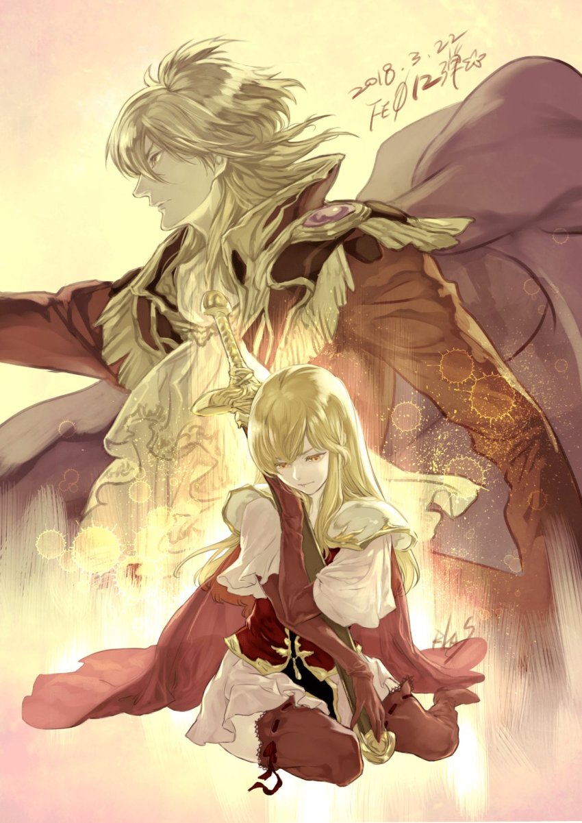 1boy, 1girl, ascot, black_cape, blonde_hair, boots, brother_and_sister, cape