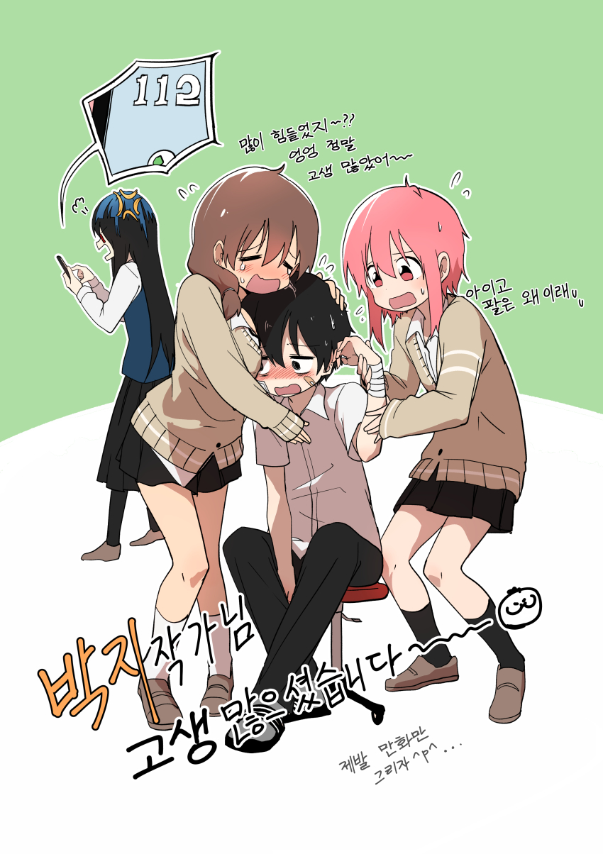1boy, 3girls, absurdres, bags_under_eyes, bandage_on_face, bandages, black_eyes, black_hair