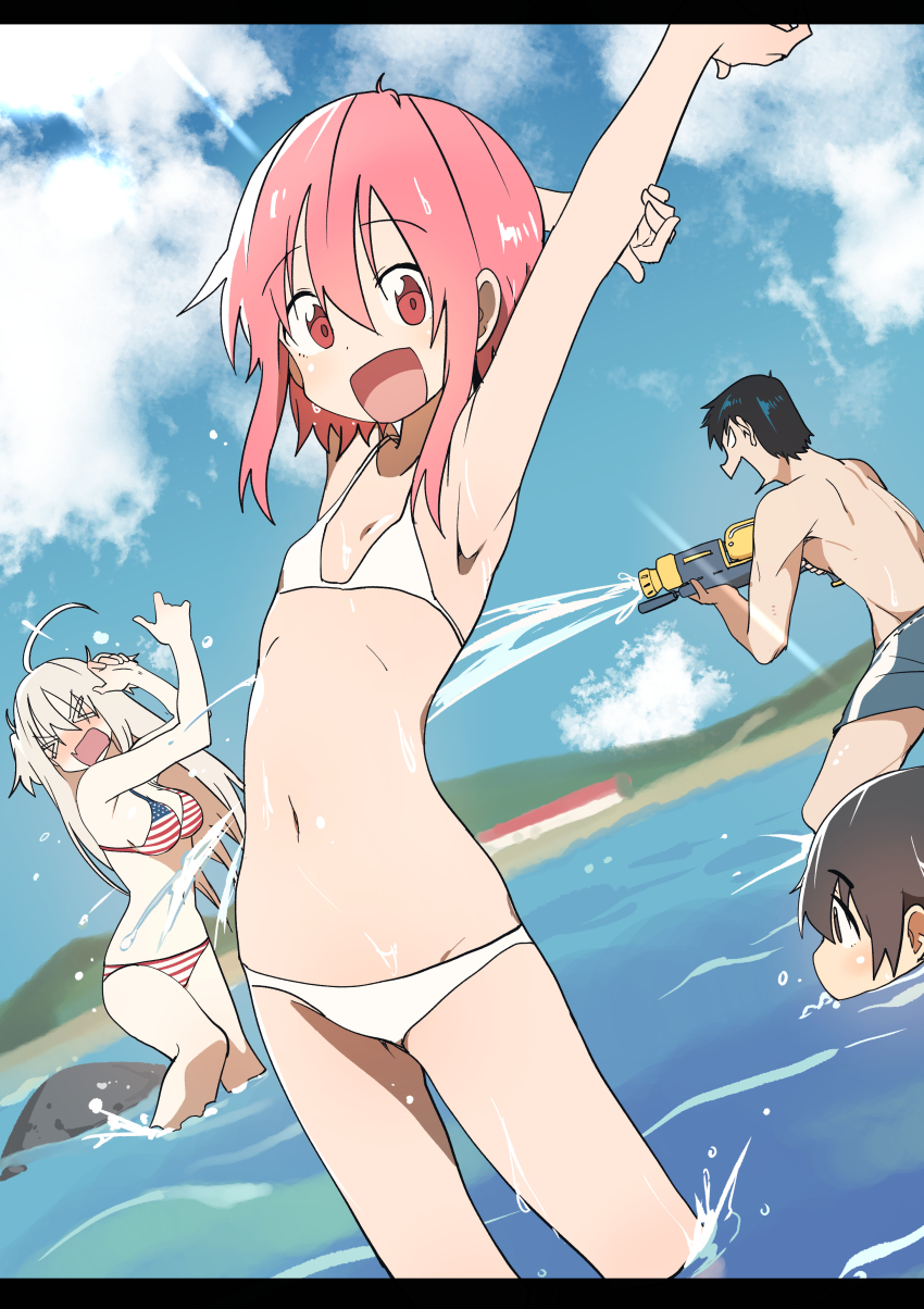 >_<, 1boy, 3girls, absurdres, ahoge, american_flag, american_flag_bikini, american_flag_print