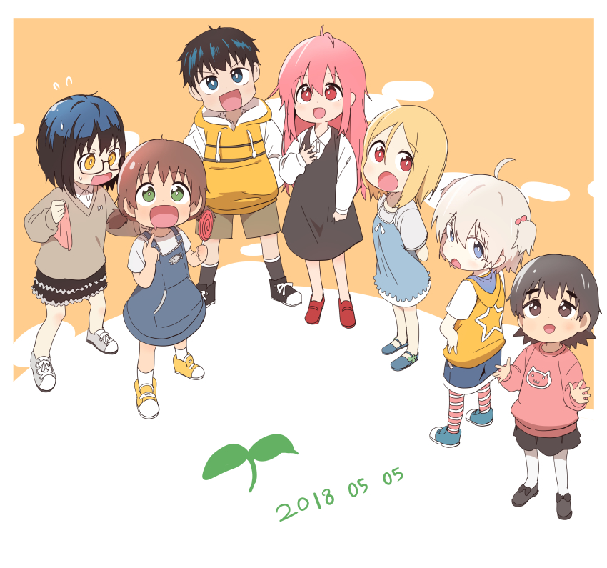 1boy, 6+girls, absurdres, aged_down, black_hair, blonde_hair, blue_eyes, brown_eyes