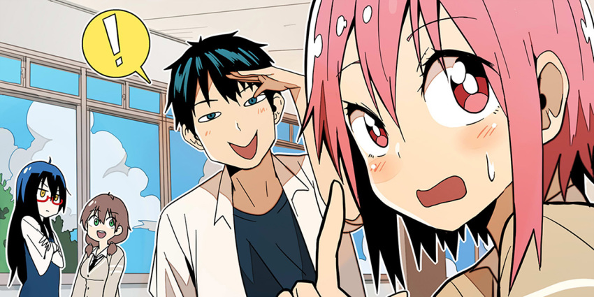 !, 1boy, 3girls, blush, bural_chingu, glasses, hair_between_eyes, ham_na-bi