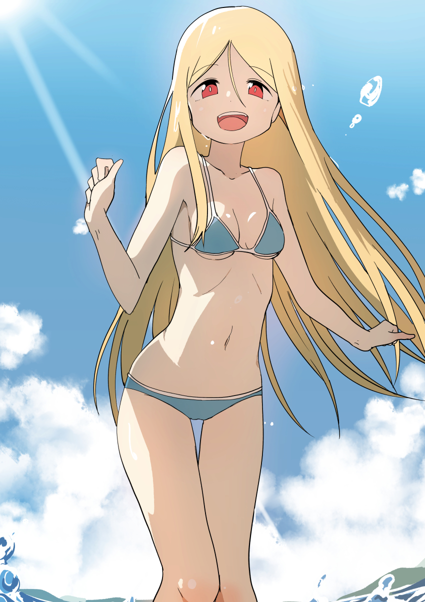 1girl, absurdres, bikini, blonde_hair, blue_bikini, bural_chingu, female_focus, from_below