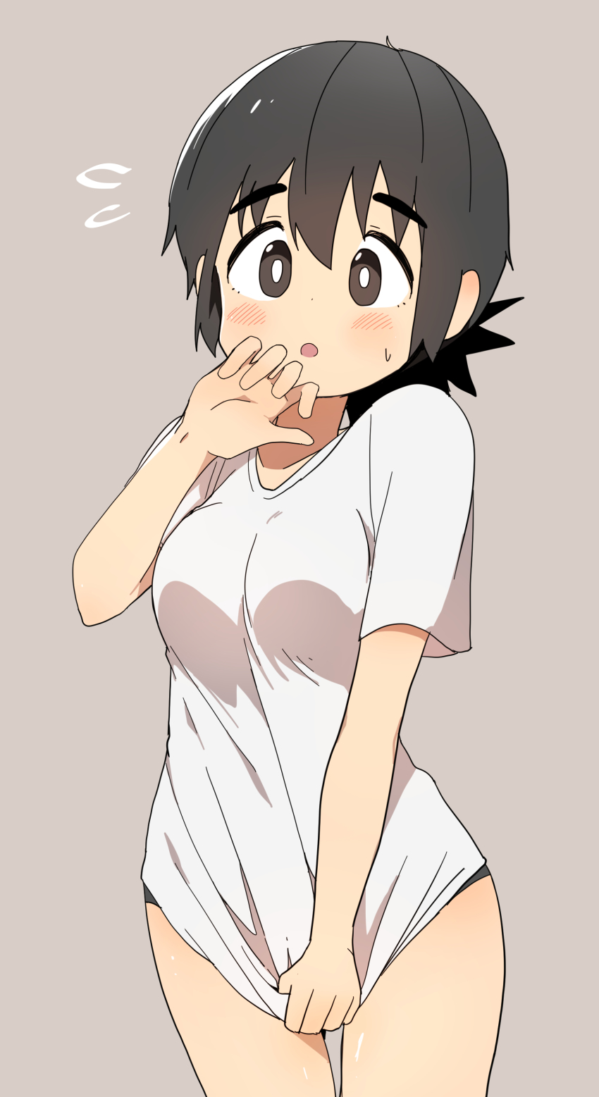 1girl, absurdres, blush, brown_eyes, brown_hair, bural_chingu, clothes_pull, embarrassed