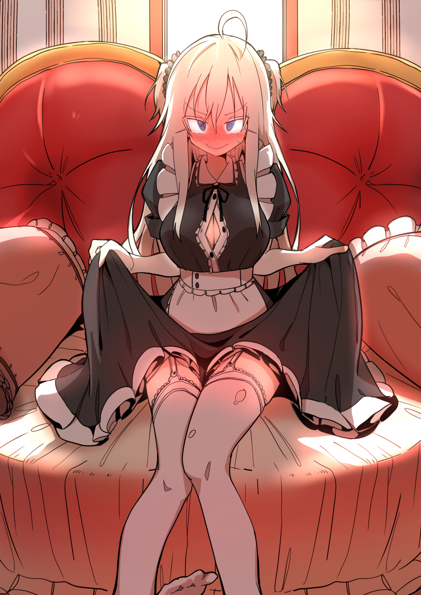 1girl, @_@, absurdres, ahoge, blonde_hair, blue_eyes, blush, breasts, bural_chingu, cleavage, dress, female_focus, garter_straps, highres, holding_own_dress, large_breasts, luke_(dydansgur), original, park_no-a, sitting, solo, sweatdrop, thighhighs, torn_clothes, torn_thighhighs, two_side_up, wavy_mouth, white_thighhighs