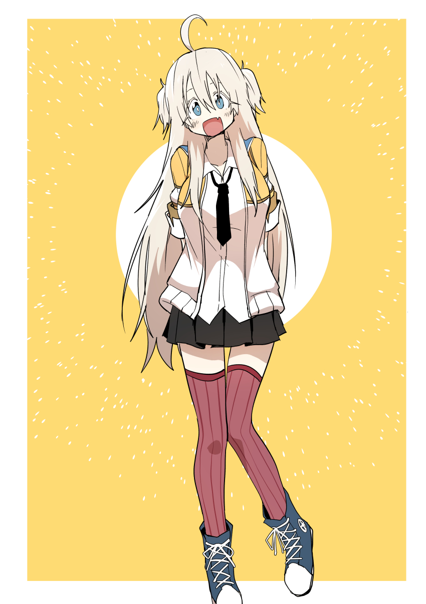 1girl, absurdres, ahoge, black_skirt, blonde_hair, blue_eyes, bural_chingu, converse